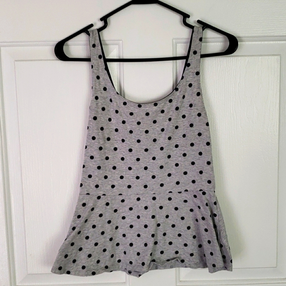 Express gray and blue polka dot peplum tank,  size medium